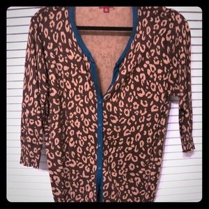 XL Leopard print and teal trimmed cardigan sweater